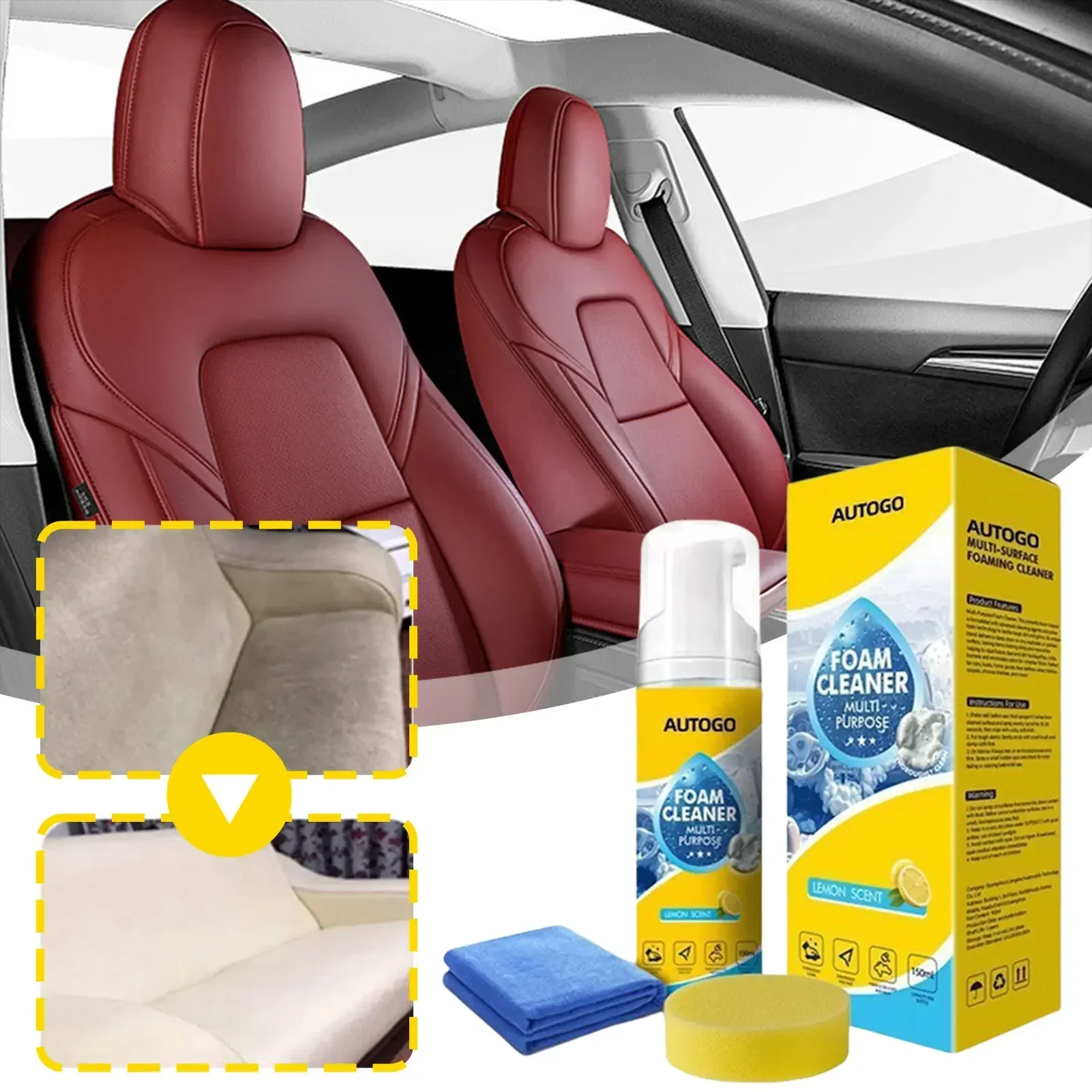 Leather Cleaner Interior - 150ml 多目的フォームクリーナー 車内用フォームクリーナー スポンジ付き レザーシート 白い靴の汚れ落とし