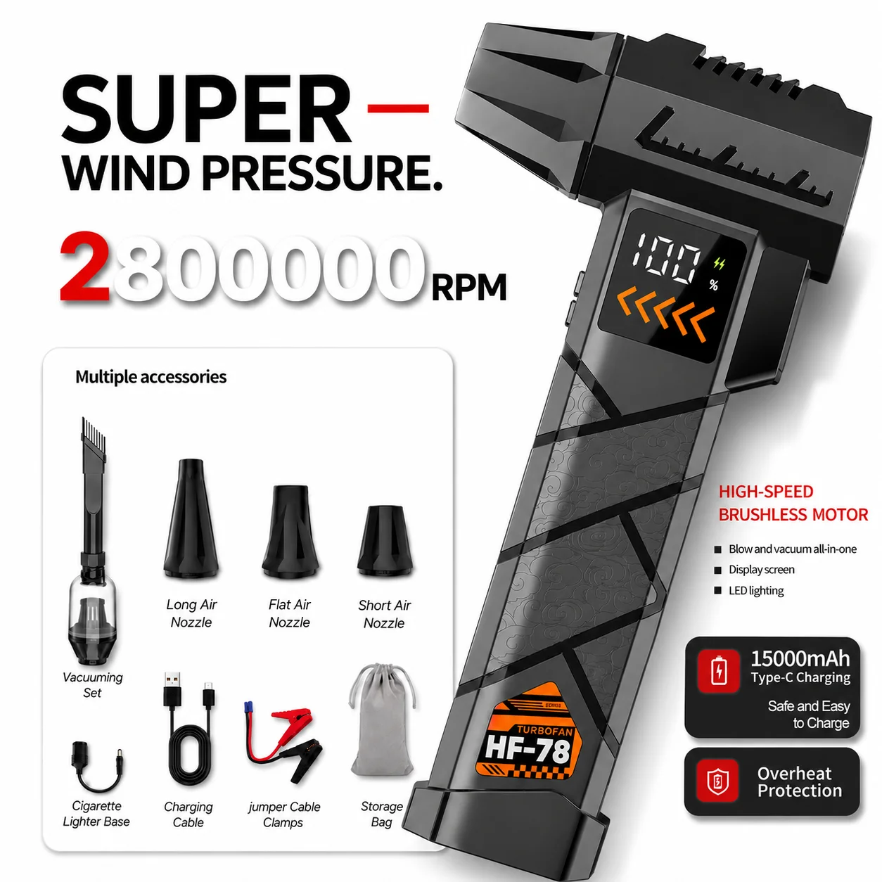 Dryer Car Blower - 超強力2800000RPM電動ジェットブロワー コードレス圧縮空気掃除機 車載緊急電源